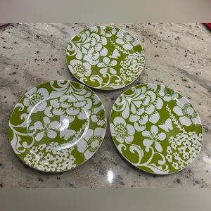 SET OF 3 CRATE & BARREL KATE SPAIN GREEN FLORAL BUTTERFLY SALAD PLATES 8”